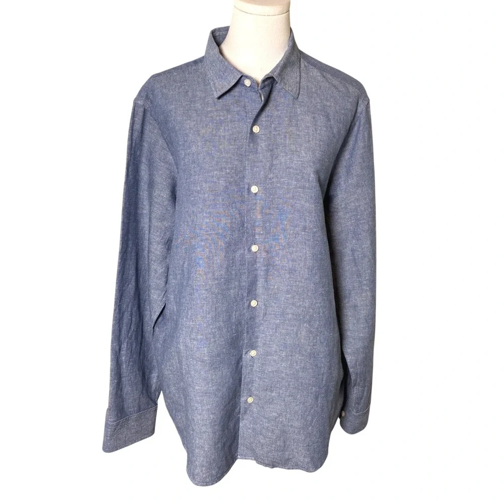 Banana Republic Linen Blend Slim Fit Button Down Shirt Blue Men's Large L